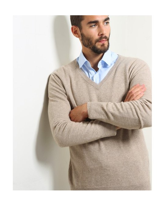 Herren Pullover aus Kaschmir mit V-Ausschnitt Beige