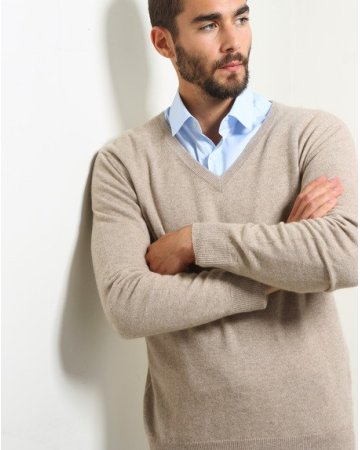 Herren Pullover aus Kaschmir mit V-Ausschnitt Beige