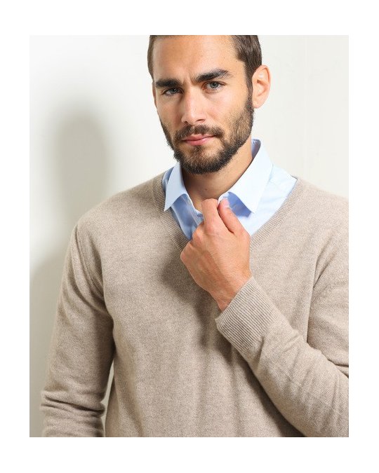 Herren Pullover aus Kaschmir mit V-Ausschnitt Beige