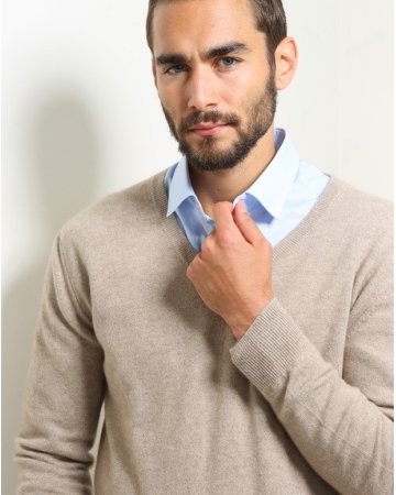 Herren Pullover aus Kaschmir mit V-Ausschnitt Beige
