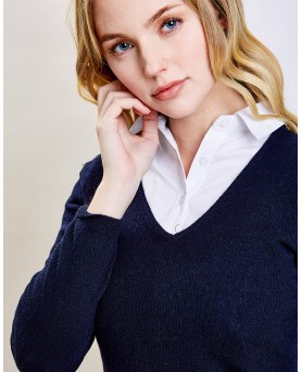 Pull in cachemire con collo a V blu navy per donna