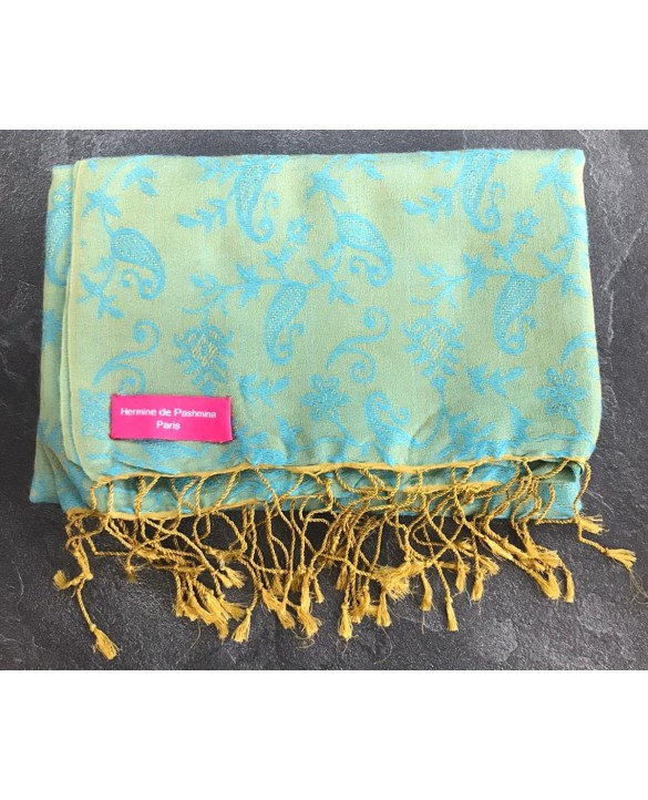 Pashmina en eau de soie Vert turquoise et or