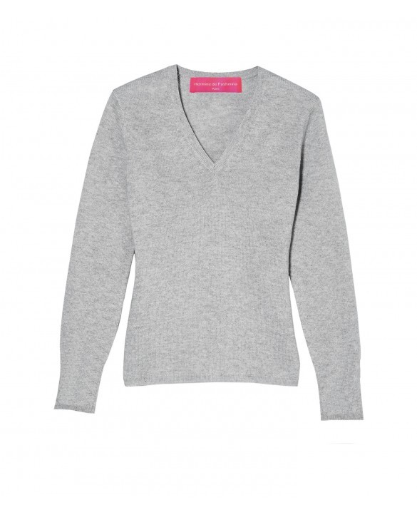 Женский Светло-Серый Кашемировый Свитер с V-образным Вырезом