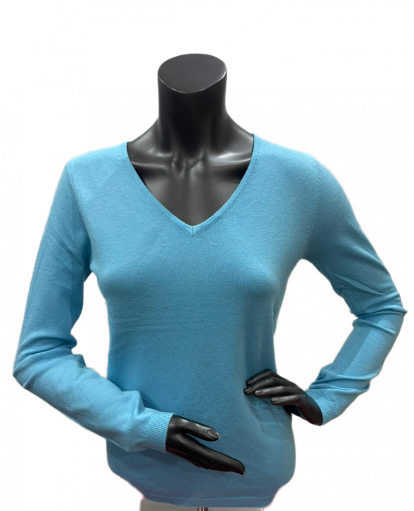 Pull col V laine et bambou Bleu Curaçao