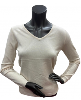 Wollen en bamboe trui met V-hals – Beige