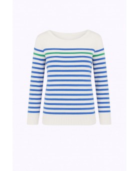 Pull marinière en cachemire blanc rayé bleu ciel et 1 rayure verte