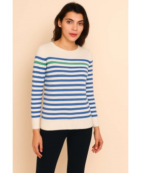 White cashmere Breton sweater with sky blue stripes and 1 green stripe