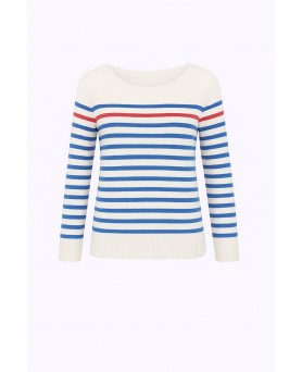 Pull marinière en cachemire blanc rayé bleu ciel et 1 rayure rouge