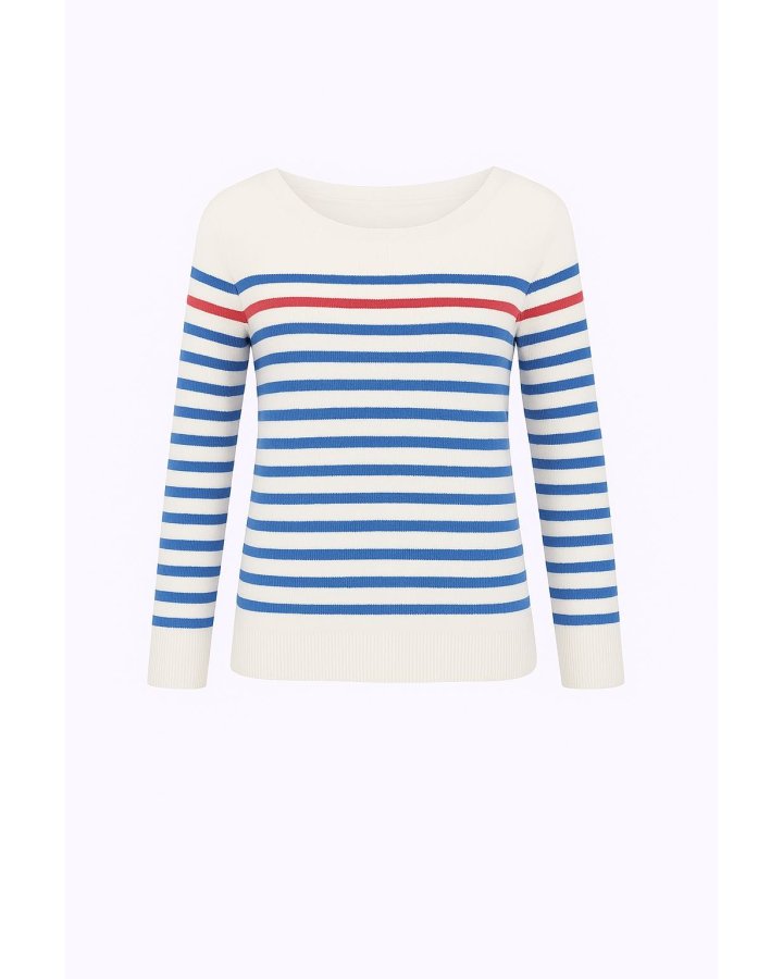 Weißer Kaschmir-Marinepullover mit himmelblauen Streifen und einem roten Streifen
