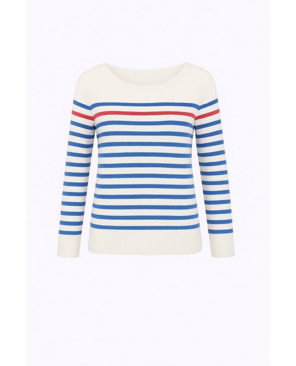 White cashmere Breton sweater with sky blue stripes and 1 red stripe White cashmere Breton sweater with sky blue stripes and 1 red stripe