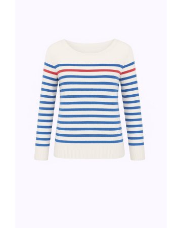 Weißer Kaschmir-Marinepullover mit himmelblauen Streifen und einem roten Streifen