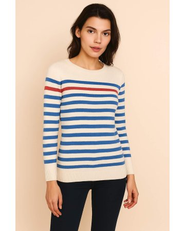 Weißer Kaschmir-Marinepullover mit himmelblauen Streifen und einem roten Streifen