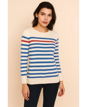 Witte kasjmier marinière trui met lichtblauwe strepen en één rode streep
