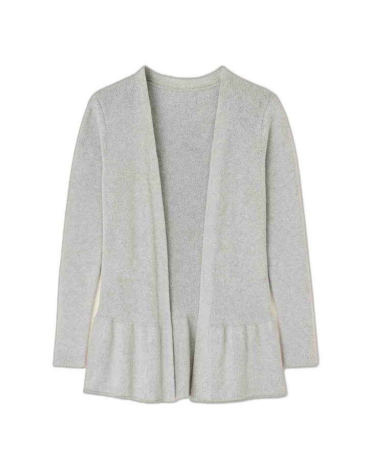 Hellgraue Kaschmir-Strickjacke mit Volants