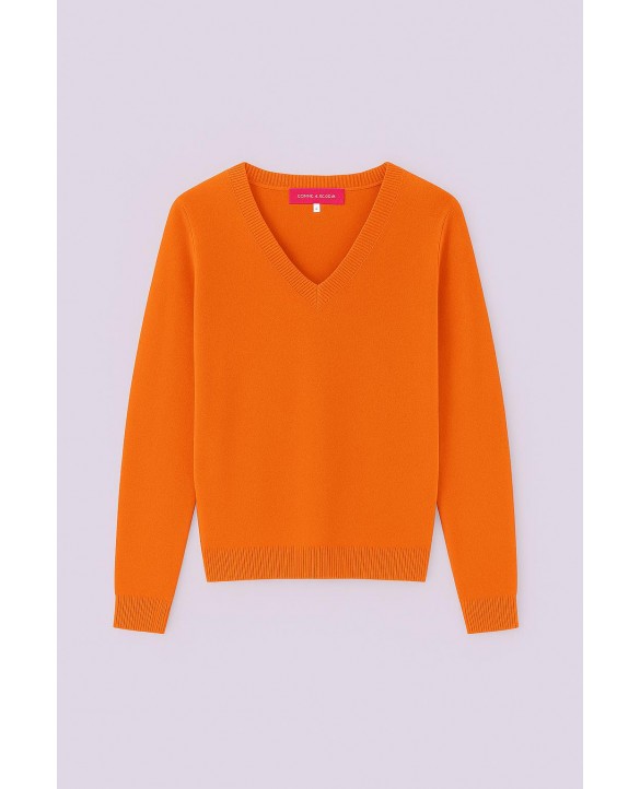 Damestrui van kasjmier met V-hals in Sunset Orange