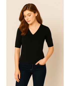 Pull col V manches courtes en cachemire Noir