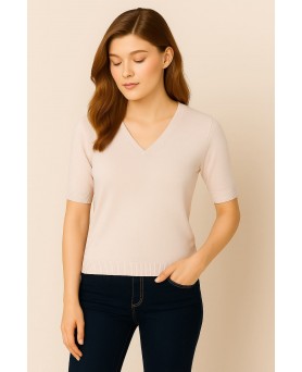 Cashmere V neck Sweater with short sleeve Beige