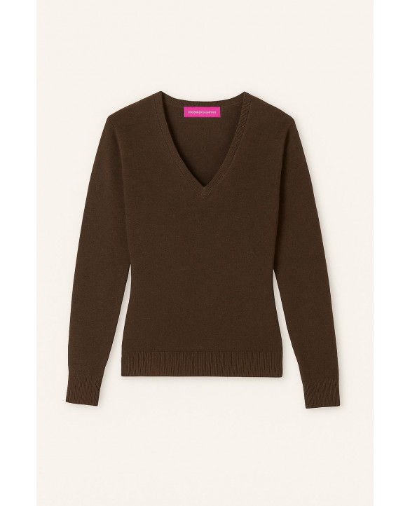 Damen Kaschmirpullover mit V-Ausschnitt in meliertem Schokoladenbraun Damen Kaschmirpullover mit V-Ausschnitt in meliertem Schokoladenbraun