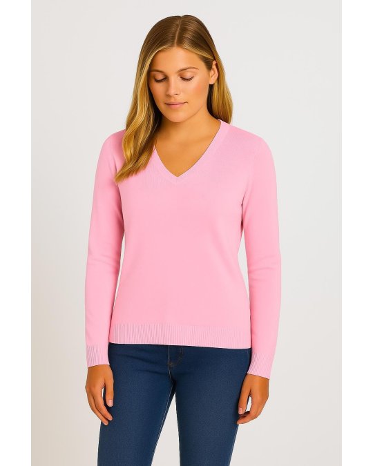 Hellrosa Kaschmir-Pullover mit V-Ausschnitt für Damen