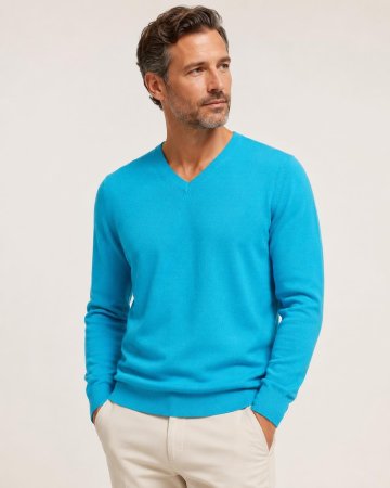 Herren Pullover aus Kaschmir mit V-Ausschnitt Curacao blau